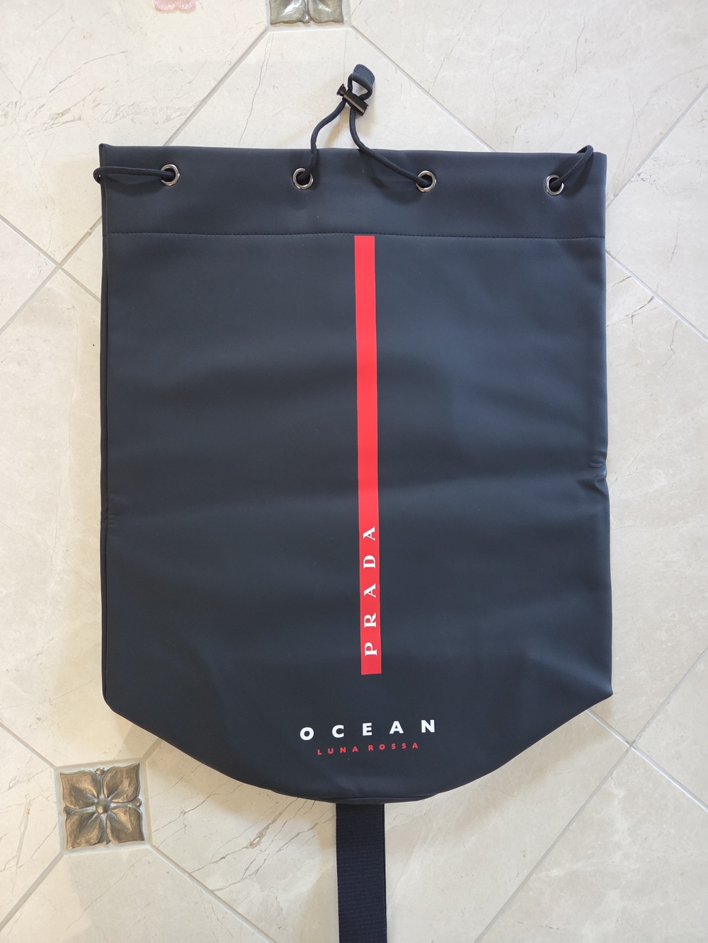 Prada Black Backpack with Red Vertical Stripe